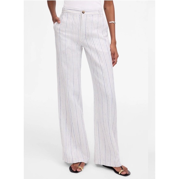 Madewell Pants - Madewell The Zoe Relaxed Wide Pant 100% Linen Striped White Blue size 6 NV159